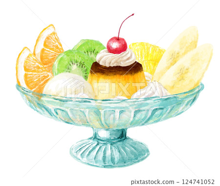 時髦布丁(獼猴桃、橙子等)的水彩插圖 時髦布丁(獼猴桃、橙子等)的水彩插圖 124741052