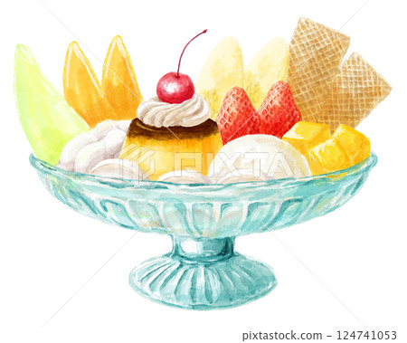 Watercolor illustration of pudding a la mode (strawberry, melon, etc.) 124741053