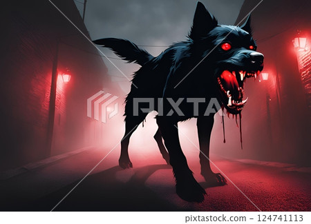 Illustration of a scary black dog walking down a dark alley 124741113
