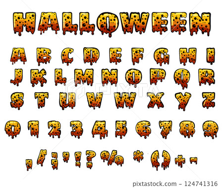 Halloween font latin alphabet. Orange bubbling colorful spooky Halloween font latin alphabet. Orange bubbling colorful spooky 124741316