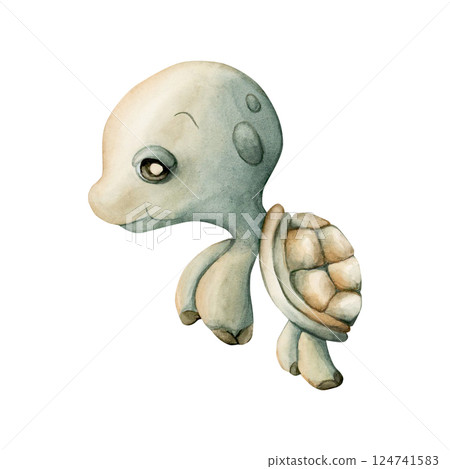 Cute Turtle. Sea marine animal. Ocean inhabitant. Adorable underwater world creature watercolor hand painted illustration isolated on white background for kids nursery wall decor sticker baby shower Cute Turtle. Sea marine animal. Ocean inhabitant. Adorable underwater world creature watercolor hand painted illustration isolated on white background for kids nursery wall decor sticker baby shower 124741583