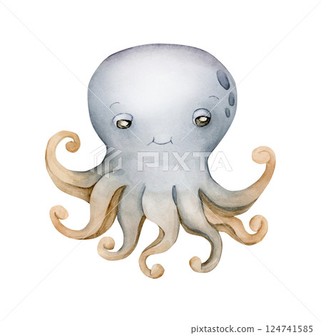 Cute Octopus. Sea marine animal. Ocean inhabitant. Adorable underwater world creature. Watercolor hand painted illustration isolated on white background for kids nursery wall decor sticker baby shower Cute Octopus. Sea marine animal. Ocean inhabitant. Adorable underwater world creature. Watercolor hand painted illustration isolated on white background for kids nursery wall decor sticker baby shower 124741585