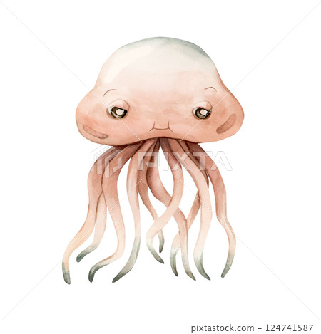 Cute Jellyfish. Sea marine animal. Ocean inhabitant. Adorable underwater world creature. Watercolor hand painted illustration isolated on white background for kids nursery decor sticker baby shower 124741587