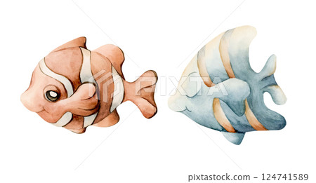 Cute Fishes set. Sea marine animals. Ocean inhabitants. Adorable clown fish and angelfish. Watercolor hand painted illustration isolated on white background for kids nursery wall sticker baby shower Cute Fishes set. Sea marine animals. Ocean inhabitants. Adorable clown fish and angelfish. Watercolor hand painted illustration isolated on white background for kids nursery wall sticker baby shower 124741589