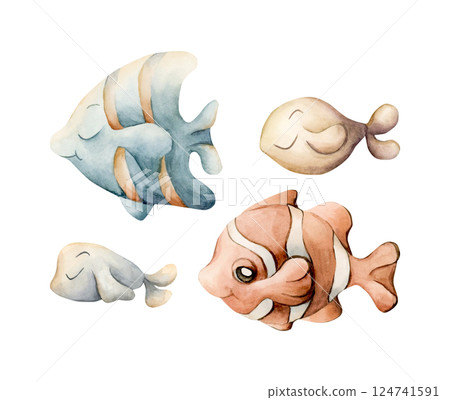 Cute Fishes set. Sea marine animals. Ocean inhabitants. Adorable clown fish and angelfish. Watercolor hand painted illustration isolated on white background for kids nursery wall sticker baby shower Cute Fishes set. Sea marine animals. Ocean inhabitants. Adorable clown fish and angelfish. Watercolor hand painted illustration isolated on white background for kids nursery wall sticker baby shower 124741591