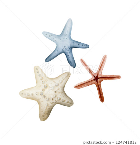 Sea starfishes. Cute ocean star fish clipart set. Underwater marine life. Watercolor hand painted illustration isolated on white background for kids nursery wall sticker baby shower undersea design 124741812
