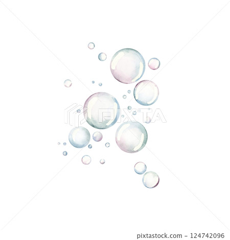 Sea bubbles. Cute water soap bubble clipart set. Underwater ocean marine life. Watercolor hand painted illustration isolated on white background kids nursery wall sticker baby shower undersea design 124742096