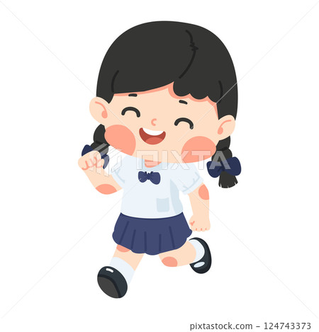 Cheerful Girl in School Uniform running to school 124743373