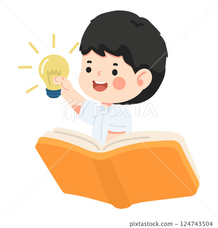 Child with Light Bulb and Open Book Illustration 124743504