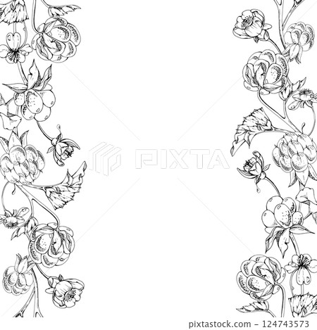 Cloudberry raspberry white flowers with autumn leaves, line ripe forest berry on stems hand drawn vector ink. Seamless banner garland illustration. Restaurant, cafe menu, wedding, farmers market Cloudberry raspberry white flowers with autumn leaves, line ripe forest berry on stems hand drawn vector ink. Seamless banner garland illustration. Restaurant, cafe menu, wedding, farmers market 124743573