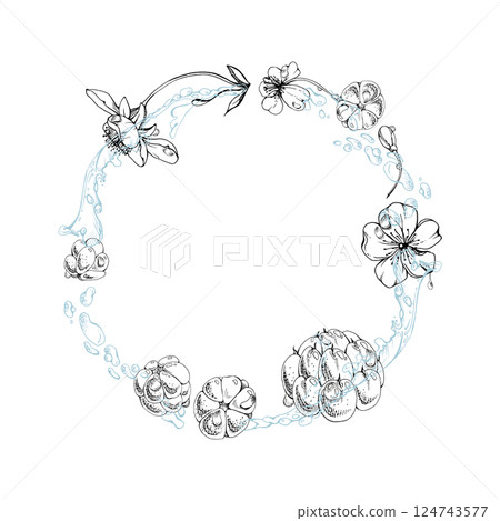 Cloudberry raspberry white flowers flying in water splashes drops, hand drawn vector ink, line forest berry leaves. Circle wreath frame illustration. Restaurant cafe menu, farmers market, juice bar Cloudberry raspberry white flowers flying in water splashes drops, hand drawn vector ink, line forest berry leaves. Circle wreath frame illustration. Restaurant cafe menu, farmers market, juice bar 124743577