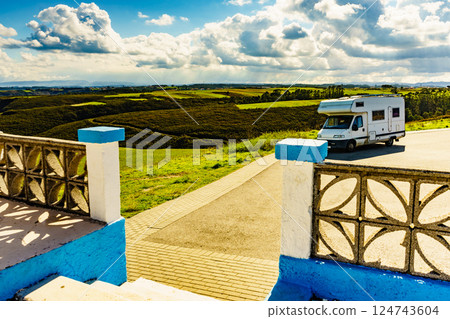 Camper car on sea coast in Asturias Spain. 124743604