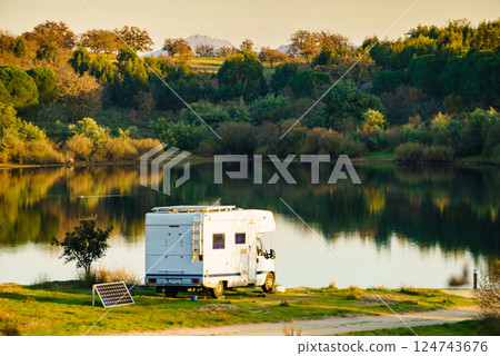 Rv caravan on nature. Autumn time. 124743676