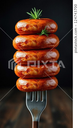 Artisanal Charcuterie Elegance A Vertical Symphony of Glazed Sausages Adorned with Aromatic Rosemary on Vintage Cutlery 124743700