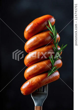 Artisanal Charcuterie Elegance A Vertical Symphony of Glazed Sausages Adorned with Aromatic Rosemary on Vintage Cutlery 124743701