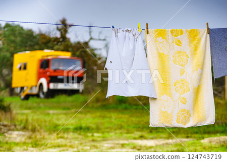 Offroad camper 4x4 truck on nature Offroad camper 4x4 truck on nature 124743719