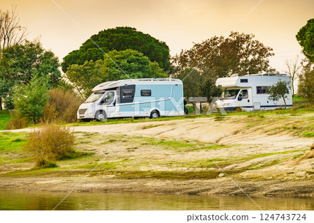 Camper rv camping on nature. Camper rv camping on nature. 124743724