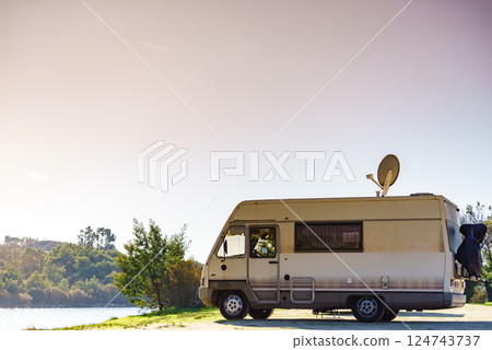 Satellite dish on roof of motor home Satellite dish on roof of motor home 124743737