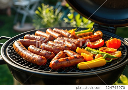 Sizzling Summer Feast Gourmet Sausages and Garden Vegetables Grilling to Perfection in a Sunlit Backyard Oasis 124743970