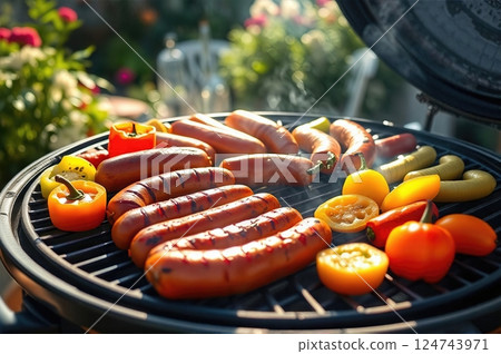 Sizzling Summer Feast Gourmet Sausages and Garden Vegetables Grilling to Perfection in a Sunlit Backyard Oasis 124743971