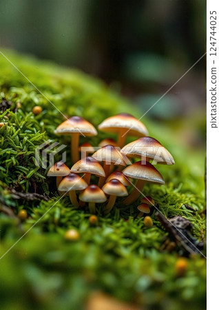 Ephemeral Forest Dwellers The Quiet Congregation of Woodland Fungi Emerging from Nature's Verdant Carpet 124744025