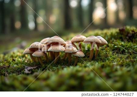 Ephemeral Forest Dwellers The Quiet Congregation of Woodland Fungi Emerging from Nature's Verdant Carpet 124744027