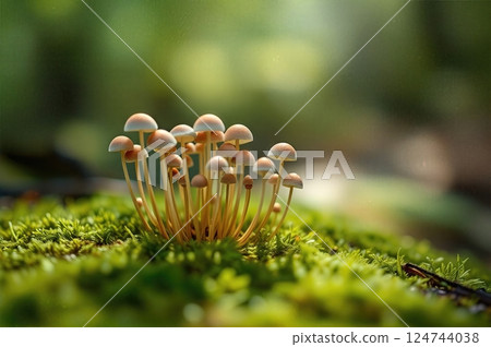 Ephemeral Forest Dwellers The Quiet Congregation of Woodland Fungi Emerging from Nature's Verdant Carpet 124744038