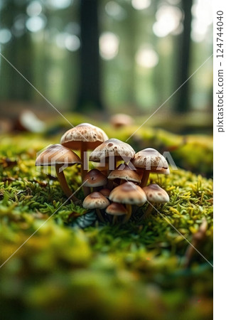 Ephemeral Forest Dwellers The Quiet Congregation of Woodland Fungi Emerging from Nature's Verdant Carpet 124744040
