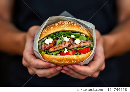 Artisanal Culinary Creation A Handcrafted Mediterranean-Inspired Gourmet Sandwich Experience Presented in Rustic Parchment 124744258