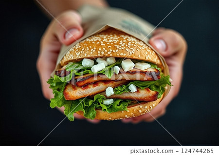 Artisanal Culinary Creation A Handcrafted Mediterranean-Inspired Gourmet Sandwich Experience Presented in Rustic Parchment 124744265