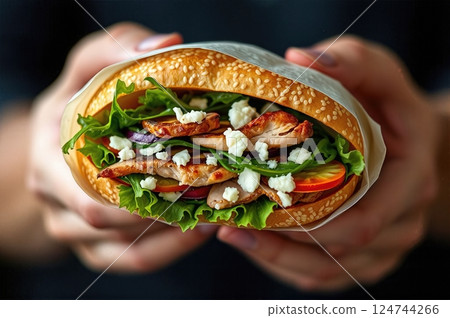 Artisanal Culinary Creation A Handcrafted Mediterranean-Inspired Gourmet Sandwich Experience Presented in Rustic Parchment 124744266