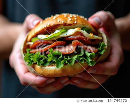 Artisanal Culinary Creation A Handcrafted Mediterranean-Inspired Gourmet Sandwich Experience Presented in Rustic Parchment 124744270