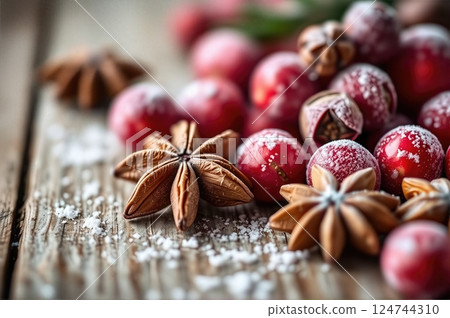 Winter's Aromatic Treasures A Festive Symphony of Star Anise and Crystallized Cranberries on Aged Wood 124744310