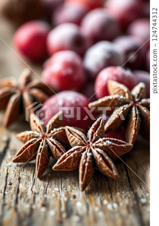 Winter's Aromatic Treasures A Festive Symphony of Star Anise and Crystallized Cranberries on Aged Wood 124744312
