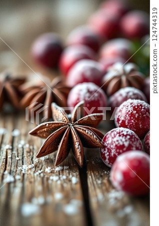 Winter's Aromatic Treasures A Festive Symphony of Star Anise and Crystallized Cranberries on Aged Wood 124744319