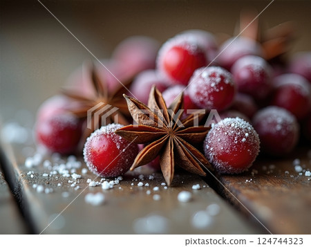 Winter's Aromatic Treasures A Festive Symphony of Star Anise and Crystallized Cranberries on Aged Wood 124744323