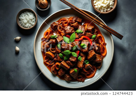 Aromatic Basil-Infused Beef Stir-Fry with Sweet Peppers A Harmonious Blend of Eastern Culinary Traditions Presented on Contemporary Tableware 124744423