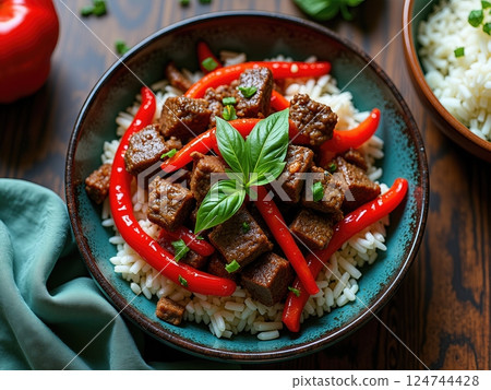 Aromatic Basil-Infused Beef Stir-Fry with Sweet Peppers A Harmonious Blend of Eastern Culinary Traditions Presented on Contemporary Tableware Aromatic Basil-Infused Beef Stir-Fry with Sweet Peppers A Harmonious Blend of Eastern Culinary Traditions Presented on Contemporary Tableware 124744428