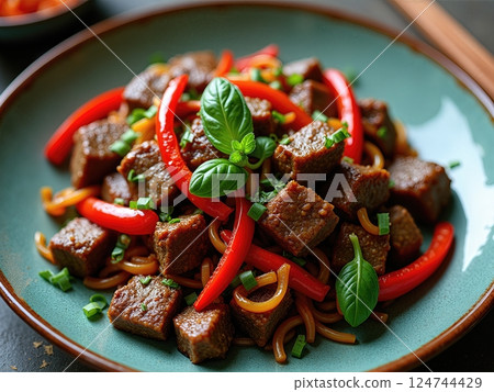 Aromatic Basil-Infused Beef Stir-Fry with Sweet Peppers A Harmonious Blend of Eastern Culinary Traditions Presented on Contemporary Tableware 124744429