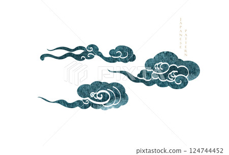 Blue brush stroke texture with Japanese chinses cloud pattern in vintage style. Abstract art landscape banner design with watercolor texture vector. Blue brush stroke texture with Japanese chinses cloud pattern in vintage style. Abstract art landscape banner design with watercolor texture vector. 124744452