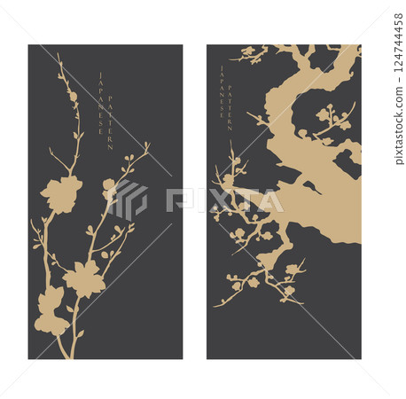 Gold and white bonsai tree or pine tree elements. Japanese background with Asian traditional icon vector. Natural art with black background in vintage style. 124744458