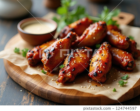 Artisanal Presentation of Flame-Kissed Caramelized Chicken Wings with Homemade Dipping Sauce on Rustic Wooden Board 124744597