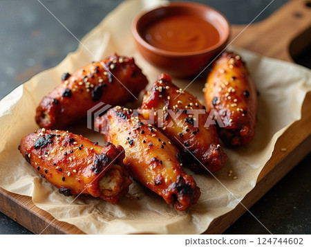 Artisanal Presentation of Flame-Kissed Caramelized Chicken Wings with Homemade Dipping Sauce on Rustic Wooden Board 124744602