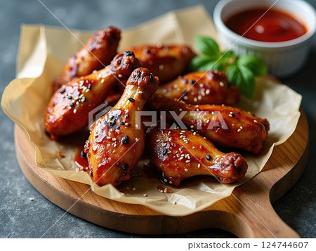 Artisanal Presentation of Flame-Kissed Caramelized Chicken Wings with Homemade Dipping Sauce on Rustic Wooden Board 124744607