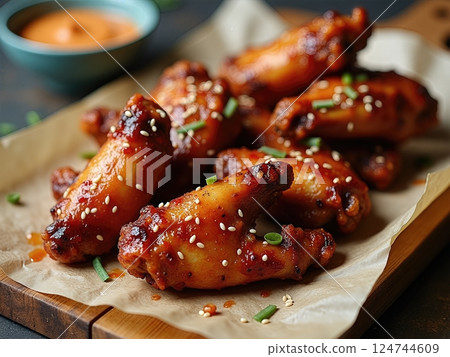 Artisanal Presentation of Flame-Kissed Caramelized Chicken Wings with Homemade Dipping Sauce on Rustic Wooden Board 124744609