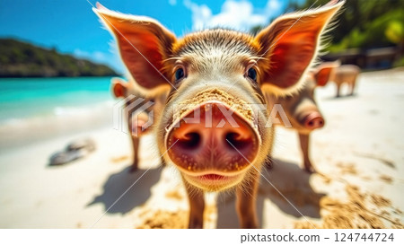Curious Island Explorer Wild Piglet's Beachfront Adventure in Untouched Tropical Paradise Where Land Meets Crystal Waters 124744724