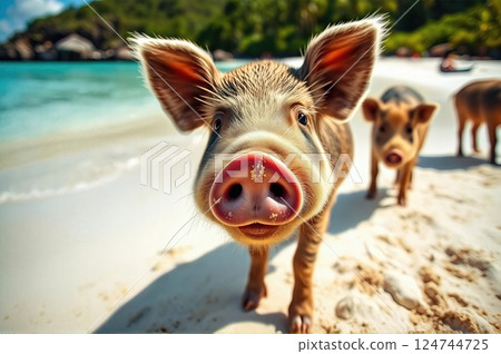 Curious Island Explorer Wild Piglet's Beachfront Adventure in Untouched Tropical Paradise Where Land Meets Crystal Waters 124744725