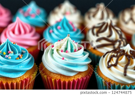 Delectable Kaleidoscope of Artisanal Mini Cupcakes with Whipped Frosting Swirls and Festive Decorations Delectable Kaleidoscope of Artisanal Mini Cupcakes with Whipped Frosting Swirls and Festive Decorations 124744875
