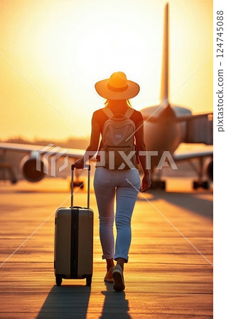 Journey's Beginning A Solitary Traveler Embarking on an Adventure at the Golden Hour of Possibility Journey's Beginning A Solitary Traveler Embarking on an Adventure at the Golden Hour of Possibility 124745088