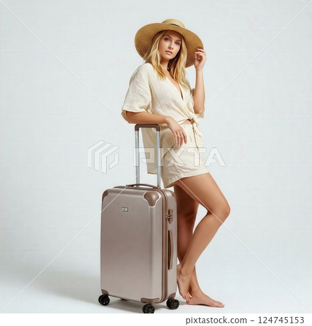 Wanderlust Elegance  Stylish Traveler with Straw Hat and Vintage Luggage Against Minimalist Background 124745153